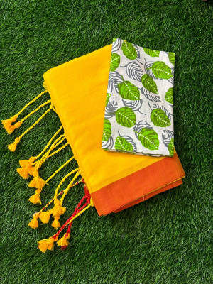 HouseOfCommon Solid/Plain, Printed Kalamkari Handloom Pure Cotton Saree(Yellow, Green)
