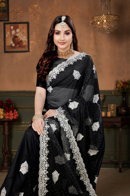 b bella creation Self Design, Embroidered Bollywood Supernet Saree(Black, White)