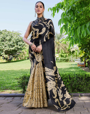 Samah Geometric Print, Printed Daily Wear Khadi Saree(Black, Beige)