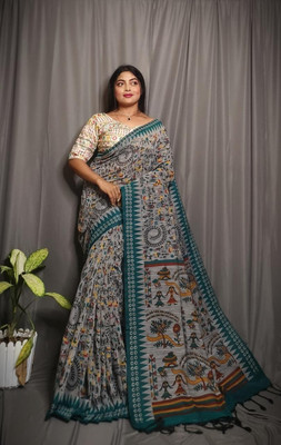 SARATHITEXTILE Hand Painted Handloom Cotton Blend Saree(Grey)