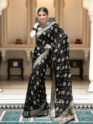 SHREE GHANSHYAM FASHION Self Design, Solid/Plain, Printed, Striped, Woven, Embellished Banarasi Cotton Silk Saree(Black)