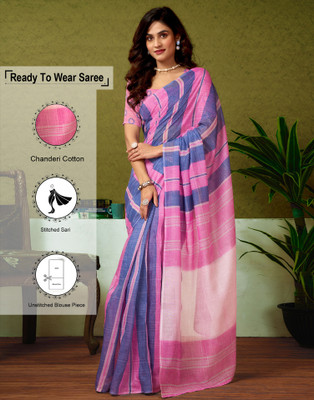 Samah Floral Print, Geometric Print, Printed Sambalpuri Chanderi, Cotton Blend Saree(Blue, Pink)