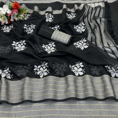 Vikash fab Embroidered Kasavu Linen, Cotton Linen Saree(Black)