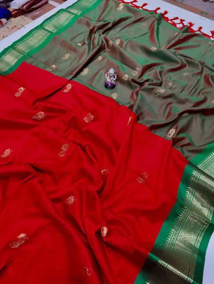 Vishal Creations Self Design Daily Wear Cotton Blend Saree(Red, Green)