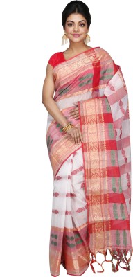 DipDiya Checkered Tant Pure Cotton Saree(White)