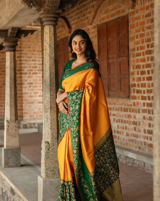 MIRMAN Striped Banarasi Pure Silk Saree(Mustard)