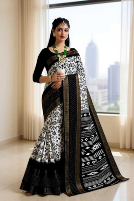 kalyani nx Printed Sambalpuri Pure Cotton Saree(White, Black)