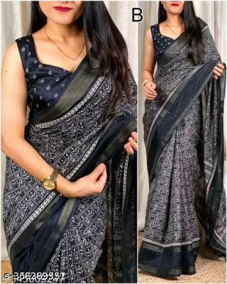 Sita Floral Print Chanderi Cotton Blend Saree(Black)