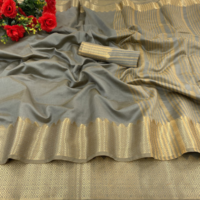 VAKHARIYAFAB Woven, Solid/Plain Kanjivaram Cotton Silk, Pure Cotton Saree(Grey)
