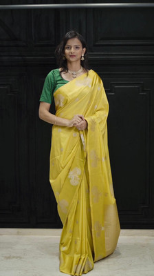 Dridh Textiles Floral Print Banarasi Silk Blend Saree(Yellow)