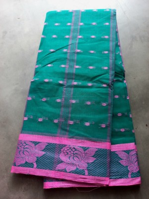 J KunduHouse Self Design Tant Pure Cotton Saree(Green)