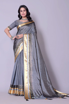 LHBSHOP Self Design Banarasi Silk Blend Saree(Grey)