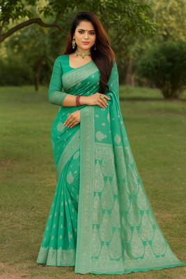 Samai Printed Banarasi Cotton Blend Saree(Light Blue)