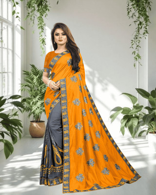 SHOBHTESH Embroidered Venkatagiri Silk Blend, Net Saree(Mustard, Grey)