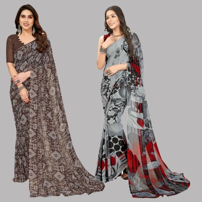 Anand Sarees Floral Print, Polka Print, Ombre, Printed Bollywood Georgette Saree(Pack of 2, Grey, Brown)