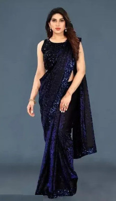 DHARM CREATION Embroidered Bollywood Lycra Blend Saree(Blue)