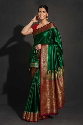Sijileen Woven, Solid/Plain Banarasi Satin Saree(Dark Green)