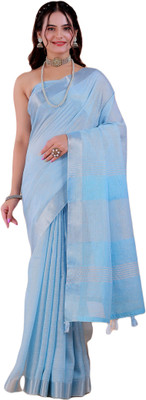 NEGRONI Solid/Plain Daily Wear Linen Saree(Light Blue)