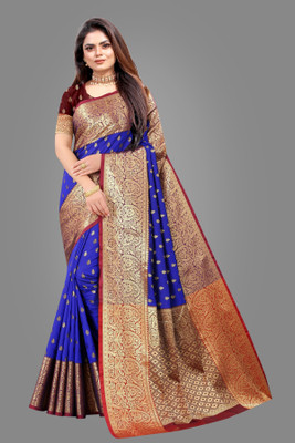 NIYAMI Self Design, Printed, Striped, Embroidered, Woven, Floral Print Banarasi Jacquard, Cotton Silk Saree(Purple)