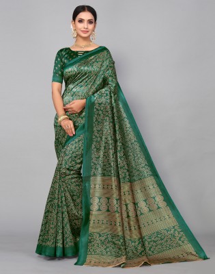 SIRIL Floral Print, Geometric Print, Printed Banarasi Cotton Silk, Silk Blend Saree(Green, Gold)