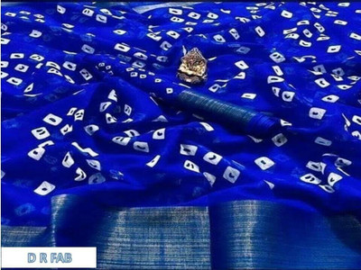 D R FAB Digital Print Bandhani Cotton Blend Saree(Blue)