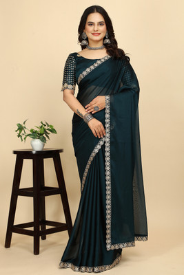 KONICA FAB Embroidered Handloom Chiffon Saree(Dark Blue)
