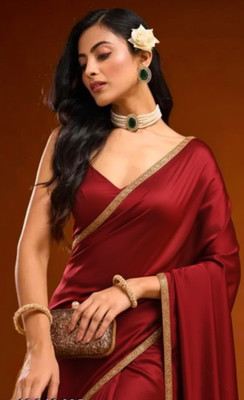 sadi Solid/Plain Bollywood Chiffon, Silk Blend Saree(Red)