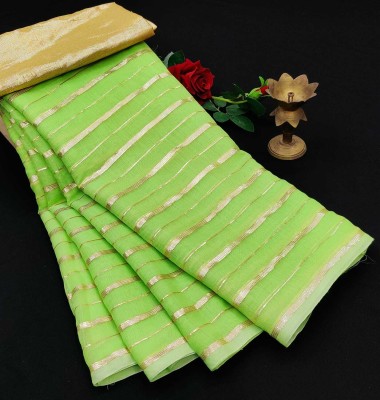 VILLAGEOFBUZO Striped Bollywood Chiffon Saree(Light Green)