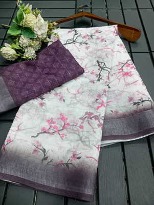 PRTRENDZ Printed Kanjivaram Linen, Cotton Linen Saree(White, Purple)
