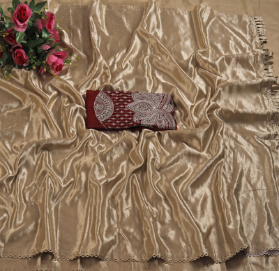 Vichitra Solid/Plain Bollywood Satin Saree(Beige)
