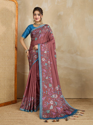RekhaManiyar Printed Saree with Attached Blouse Silk Blend Saree(Maroon)