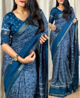 TEN R Printed Bandhani Chiffon Saree(Blue)
