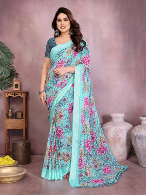 Anand Sarees Floral Print Bollywood Georgette Saree(Light Blue, Pink)