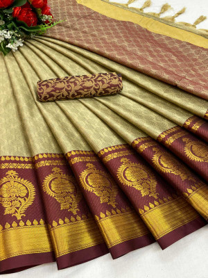Gold Art Fashion Woven Banarasi Cotton Silk Saree(Cream)