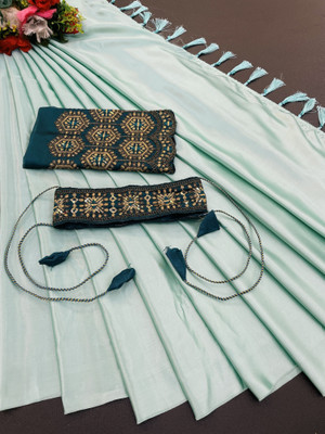 Ethina Fashion Embroidered Bollywood Satin Saree(Light Blue)