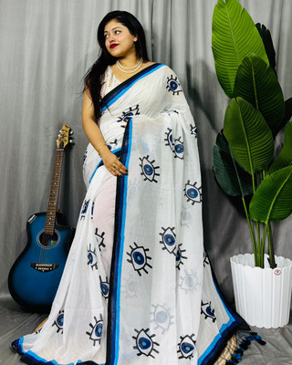 JONAKI Blocked Printed, Digital Print Handloom Mulmul, Khadi Saree(White)