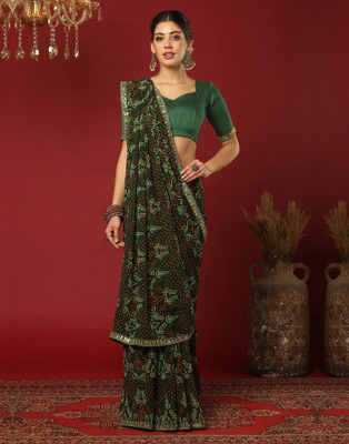 Samah Printed, Embellished Bandhani Georgette Saree(Green)