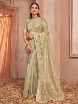 Tasrika Embroidered Bollywood Net Saree(Light Green)