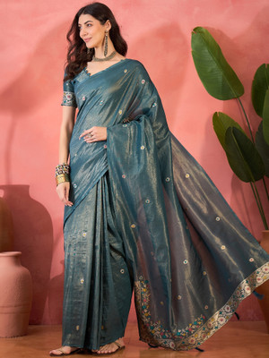 Sangria Self Design Saree with Attached Blouse Silk Blend Saree(Light Blue)