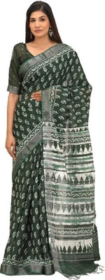 Clothonus Printed Ikkat Cotton Linen Saree(Green)