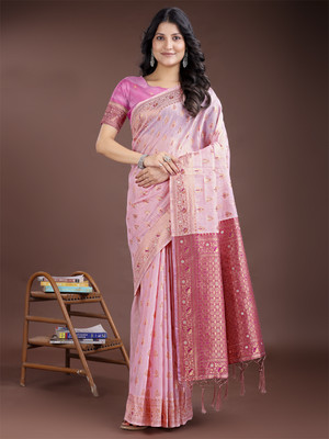 Tasrika Woven Banarasi Cotton Linen Saree(Pink)
