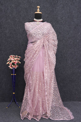 KRISHNACOLLECTION9 Embellished, Woven, Self Design, Embroidered Bollywood Net Saree(Pink)