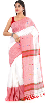 SAYAN CREATION Self Design Handloom Handloom Pure Cotton Saree(White)