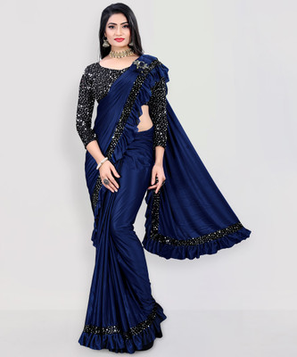 Snija Fashion Embellished Bollywood Lycra Blend Saree(Dark Blue)