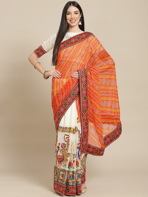SERONA FABRICS Embroidered, Printed Bandhani Georgette Saree(Orange, White)