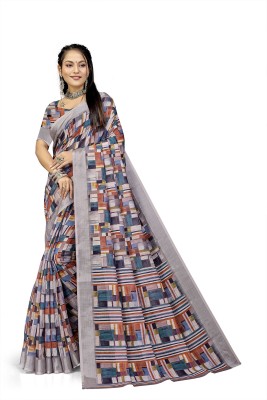 PARVOTSAV Geometric Print Daily Wear Linen Saree(Multicolor)