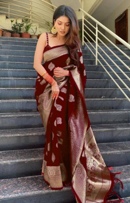 Gajal Self Design Kanjivaram Art Silk, Pure Silk Saree(Maroon, Gold)