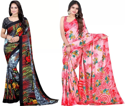 Leelavati Printed Daily Wear Crepe Saree(Pack of 2, Multicolor, Pink)