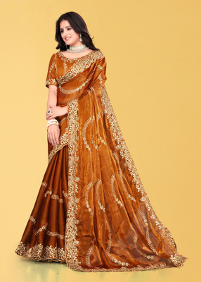 Mortile Designer Studio Embroidered Banarasi Georgette Saree(Orange)