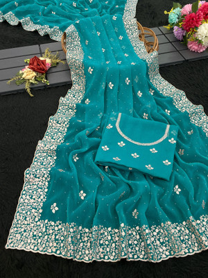 DkCartel Embroidered Bollywood Organza Saree(Light Blue)